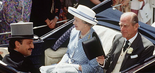 Prince Fahd with the Queen and the Duke of Edinburgh at the 1995 Epsom Derby