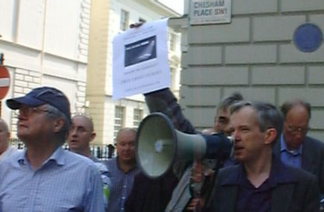 Peter Rushton addresses the Embassy demo